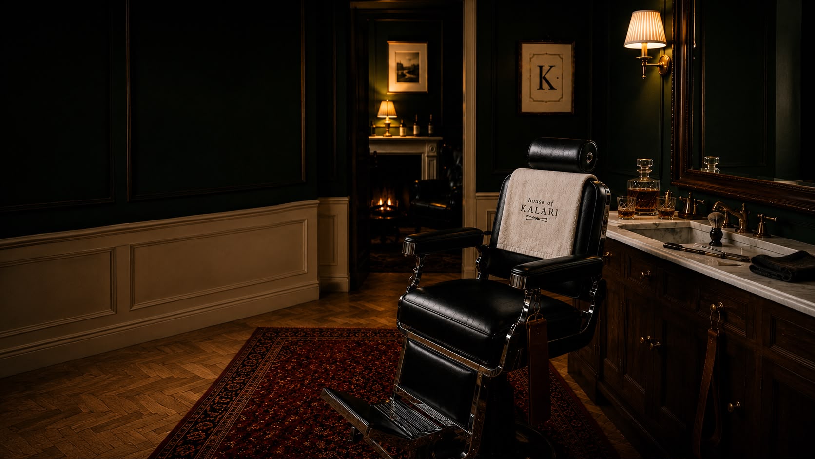 The House of Kalari barber chair in a dark green panelled Wimbledon studio